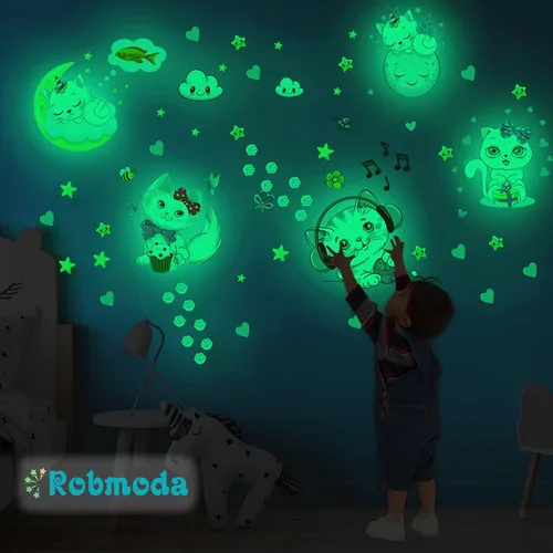 Vista 2 de Estrellas que brillan en la oscuridad para la habitación, adhesivos de pared/techo que brillan de gatos, calcomanías de mariposas de gatito