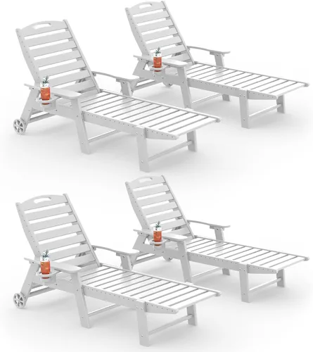 Vista 36 de Tumbona al aire libre, silla de descanso al aire libre con textura de madera, respaldo ajustable de 5 posiciones, silla de salón de polietileno