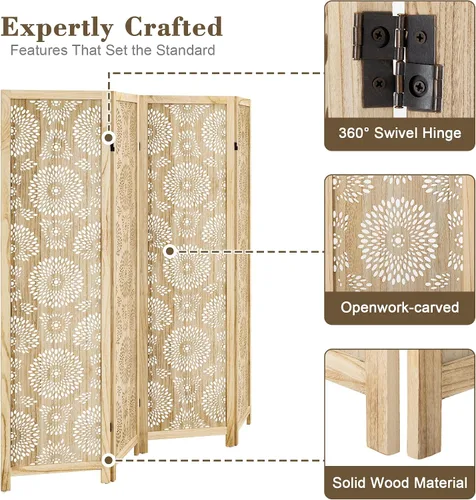 Vista 4 de WelFurGeer Divisor de habitación de madera hecho a mano, pantalla de privacidad plegable de 4 paneles con paneles ajustables de 360°, divisores