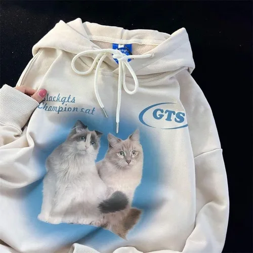 Vista 2 de Sudadera con capucha para gatos Y2K con capucha para mujer, sudadera de gran tamaño para hombres, ropa estética Y2K