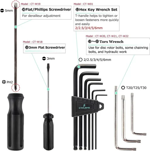 Vista 8 de Kit de 23 piezas de herramientas para bicicleta - Juego de herramientas de reparación de bicicletas compatible - Juego de herramientas