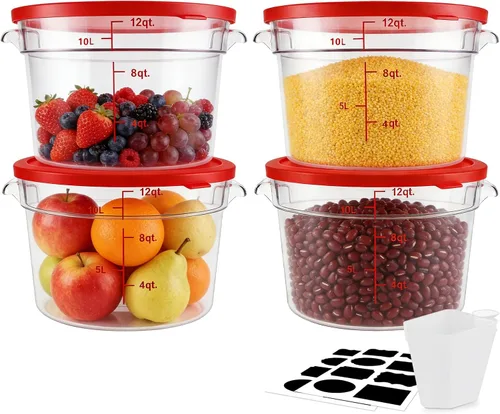 Vista 8 de Paquete de 4 recipientes de almacenamiento de alimentos con tapa, caja de almacenamiento redonda de plástico con escala y agarre, perfecto