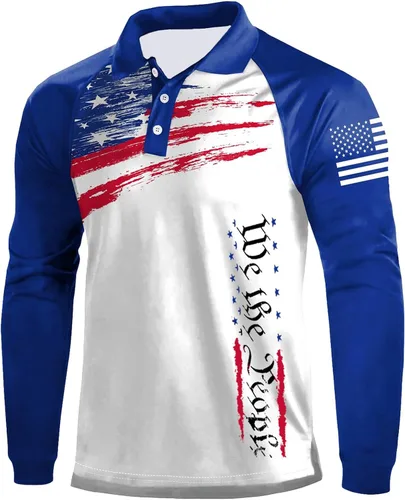 Vista 12 de Camisa polo de manga larga con bandera estadounidense para hombre, cuello gráfico patriótico, camiseta de golf, moderna, casual, cuello en V, tops