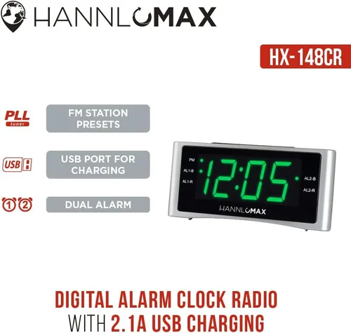 Vista 5 de HANNLOMAX Radio despertador HX-148CR, radio FM, pantalla de 1.4", carga USB Reloj digital, alarma dual, pantalla LED verde de 1.4 pulgadas