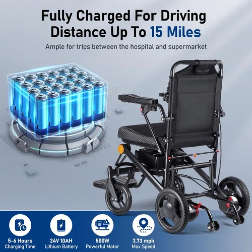 Vista 3 de Sillas de ruedas eléctricas ligeras para adultos, plegables, solo 35 libras, 500 W, motores duales, sillas de ruedas motorizadas para personas Negro