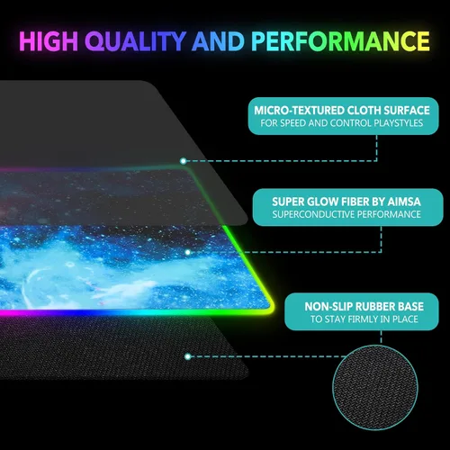 Vista 4 de AIMSA - Alfombrilla de mouse para juegos RGB extendida base de goma antideslizante con 14 modos de iluminación alfombrilla de teclado de computadora