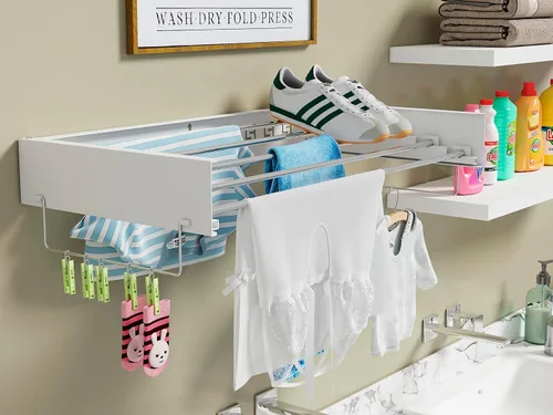Vista 3 de Estante de secado de ropa oculto montado en la pared, organizador de lavandería extraíble con 5 varillas de acero inoxidable, plegable y plegable