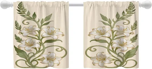 Vista 64 de Shrahala Art Nouveau Floral Pattern Blackout Curtain Tiers, Delicate Vine and Flower Design Kitchen Valance Light Blocking Tier Drapes with Rod