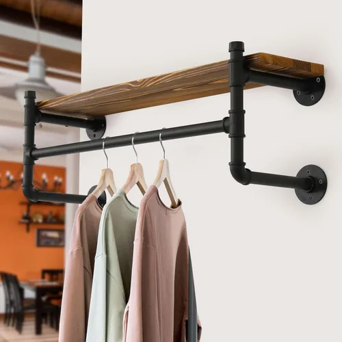 Vista 5 de WEBI Perchero de pared con estante, perchero industrial de 24 pulgadas con estantes, barra de ropa de hierro resistente, barra de ropa de exhibición