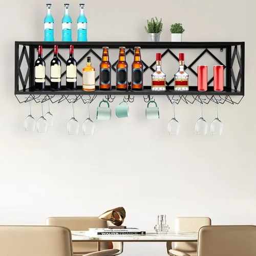 Vista 3 de Estante para copas de vino, estante flotante montado en la pared, estante colgante para copa con divisiones para cocina, comedor, bar en casa, sala