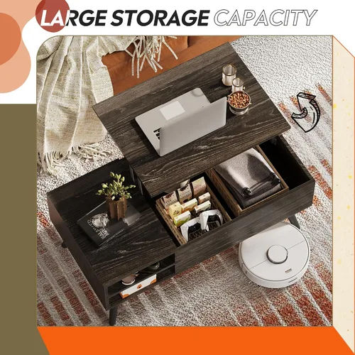 Vista 8 de WLIVE - Mesa de centro de madera con parte superior elevable, compartimento oculto y estante de almacenamiento ajustable, mesa elevable para comedor