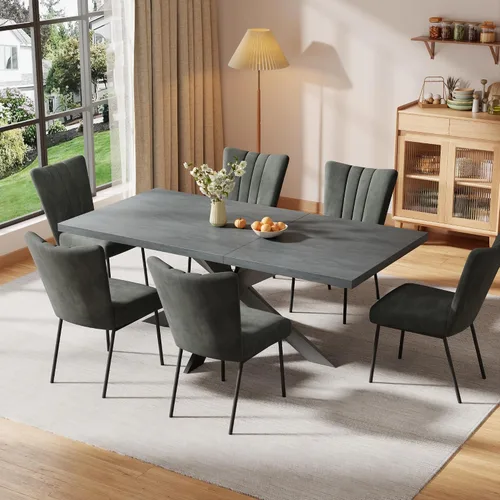 Vista 17 de ZckyCine Juego de mesa de comedor extensible de 6 piezas, moderna mesa de madera gris de 63 a 79 pulgadas con 6 sillas de tela gris, mesa de comedor
