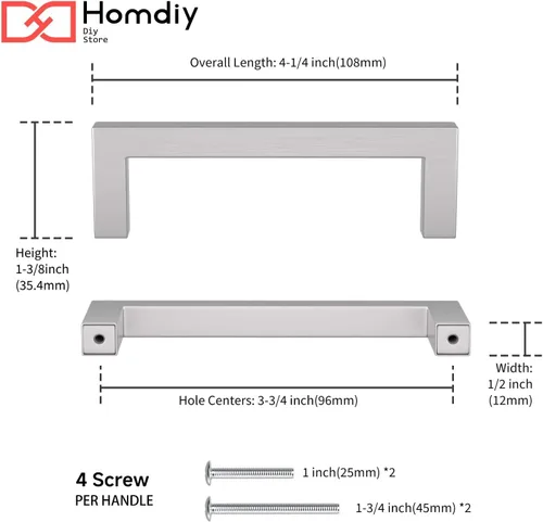 Vista 2 de homdiy Paquete de 1 tirador de gabinete de níquel cepillado de 3-3/4 pulgadas, manijas cuadradas de acero inoxidable para puerta de armario