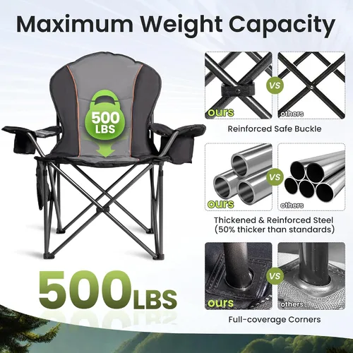Vista 4 de Sillas plegables de camping para adultos, sillas de césped acolchadas con respaldo alto para exteriores con soporte lumbar y soporte para tazas