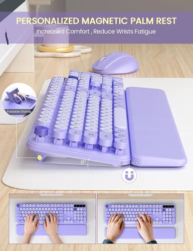 Vista 3 de Combo de teclado y mouse inalámbricos, bonita máquina de escribir Púrpura olvidado