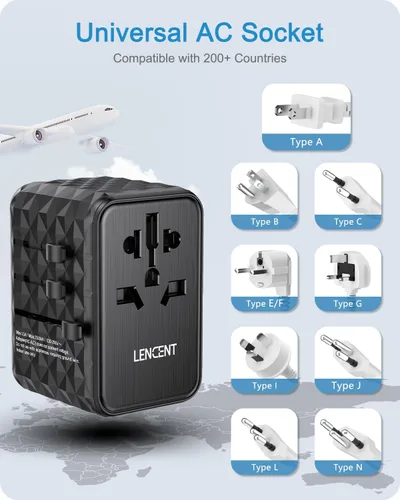 Vista 8 de LENCENT Adaptador de viaje universal de 65 W, cargador rápido internacional de GaN 2 USB-A y 2 convertidores de enchufe de alimentación USB-C