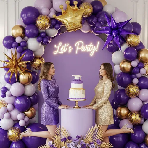 Vista 2 de Kit de guirnalda de globos morado real dorado blanco 126 piezas globos de papel aluminio de corona de explosión estelar de lujo de doble relleno