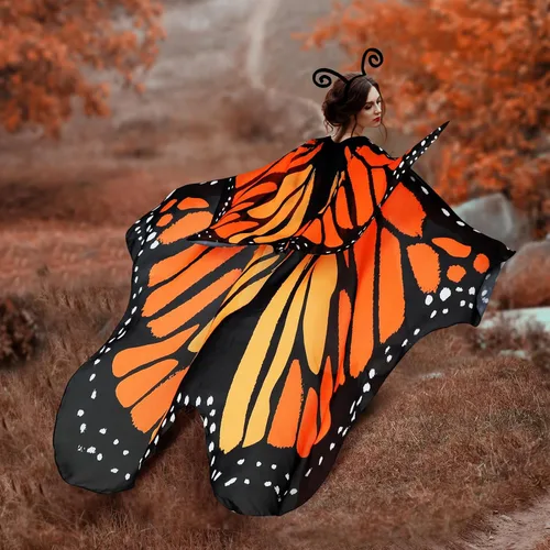 Vista 2 de 2 piezas de disfraz de mariposa de Halloween con alas de mariposa de doble capa con diadema para mujeres y niñas