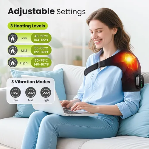 Vista 3 de Almohadilla térmica de hombro inalámbrica con vibración para aliviar el dolor del manguito rotador, masajeador de hombro calentado HSA elegible por