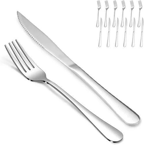 Vista 16 de SANTUO 12-Piece Steak Knife and Fork Set for 6, Stainless Steel Steak Knives with Dinner Forks, Serrated Steak Knife Set, Mirror Polished