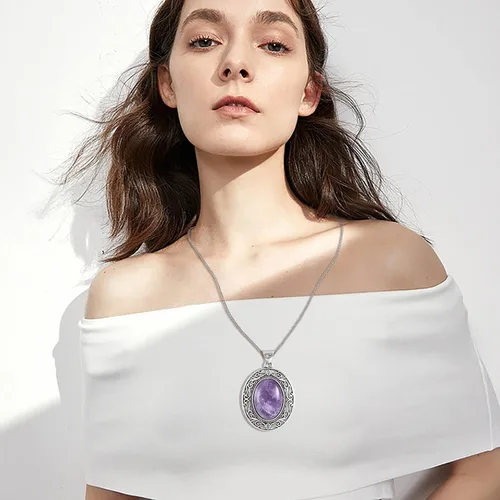 Vista 3 de Collar ovalado de piedras preciosas de acero inoxidable con colgante de cristal curativo de piedra semipreciosa para mujeres y niñas