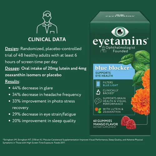 Vista 8 de eyetamins Blue Blocker® Eye Health - 60 gomitas de luteína - Desarrolladas por oftalmólogos - Apoya la visión, filtra la luz azul y ayuda a