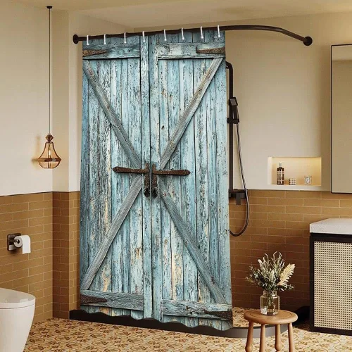Vista 35 de Cortina de ducha de puerta de granero de madera rústica, 60 x 70 pulgadas, beige