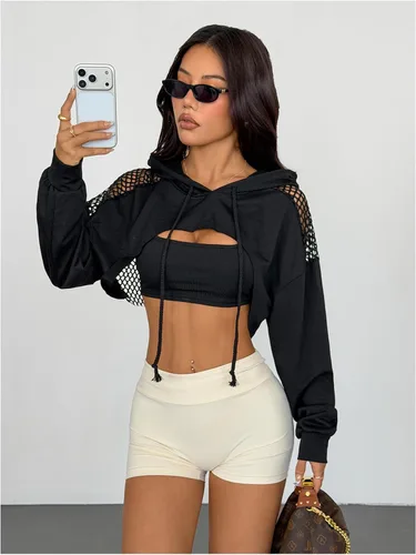 Vista 5 de SweatyRocks - Sudadera de manga larga, informal, corta, con diseño de abertura frontal, para mujer Negro sólido