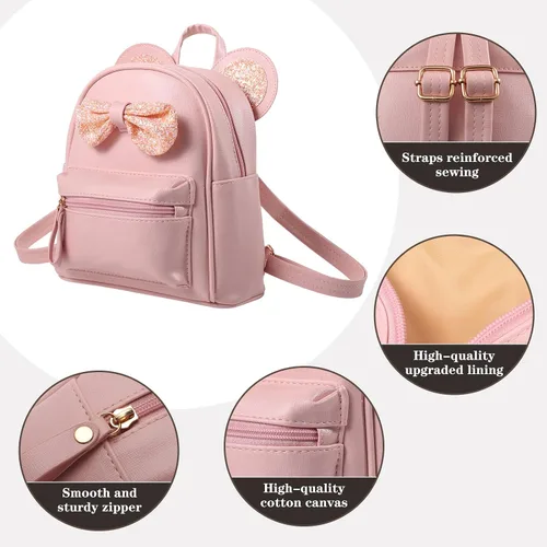 Vista 2 de Mini mochila de cuero con lentejuelas y orejas de ratón para niñas, mochila pequeña, regalo para adolescentes y niñas pequeñas, Rosado, Mochilas