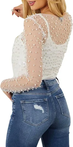 Vista 3 de Camisa de perlas de manga larga de malla transparente para mujer
