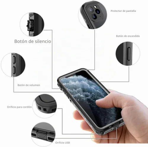 Vista 4 de Funda resistente al agua para iPhone 11 Pro Max, diseño delgado con protector de pantalla integrado, a prueba de golpes, 6.5 pulgadas (negro y gris)