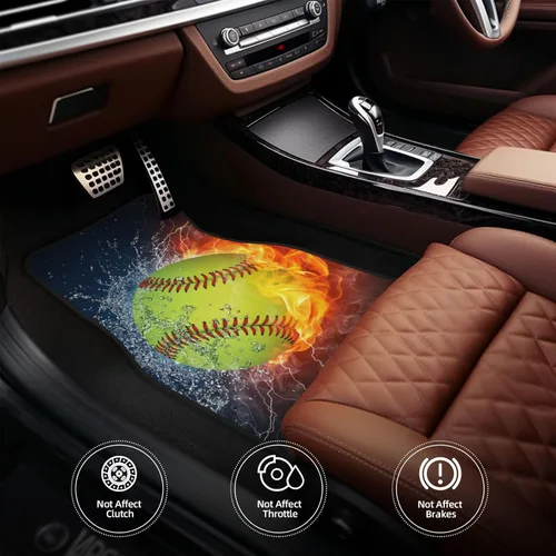 Vista 4 de Juego de 4 alfombrillas para piso de automóvil, softbol, béisbol en fuego y agua, estampadas, almohadillas para pies, impermeables, antideslizantes