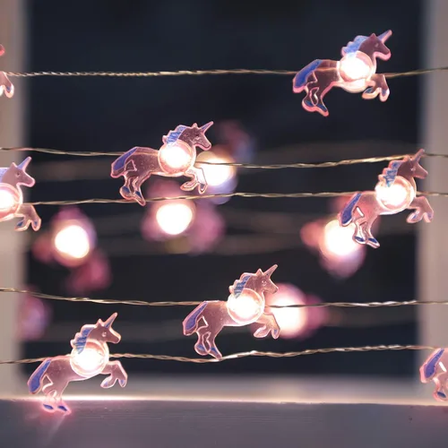 Vista 3 de Luces LED de unicornio para dormitorio, control remoto, 30 LED, USB y funciona con pilas, tira de luces rosas de dibujos animados, decoración