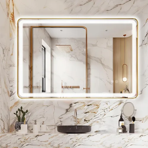 Vista 11 de Espejo de baño LED rectangular, 36 x 28 pulgadas, antiempañamiento, doble tacto, iluminado, espejo de tocador de pared con marco de metal biselado