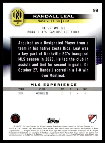 Vista 2 de 2021 Topps MLS #99 Randall Leal Nashville SC Soccer Card