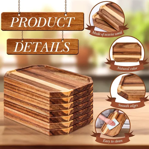 Vista 3 de Dandat Paquete de 12 platos de madera de acacia para servir de 10 x 5.5 pulgadas, bandeja rústica rectangular para charcutería, plato de queso