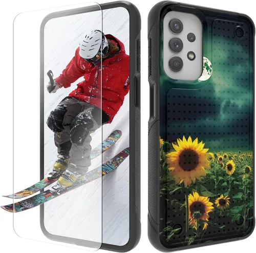 Vista 12 de Funda para Samsung Galaxy A13/A04/A04S/A23/A32 5G con protector de pantalla, parte trasera con textura de policarbonato duro, hermosa flor, diseño