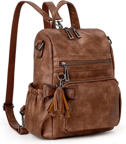 Vista 5 de UTO Mochila de cuero vegano para mujer, diseño de moda, convertible con borla, para viajes, con borla