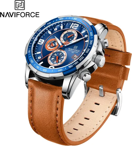 Vista 3 de NAVIFORCE Relojes de cuarzo para hombre cronógrafo correa de cuero diseño deportivo de negocios impermeable resistente a los arañazos regalos