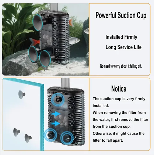 Vista 5 de Carefree Fish Filtro de esponja pequeña para acuario para tanque de peces de 3 ~ 15 galones silencioso para agua salada y agua dulce con bolas