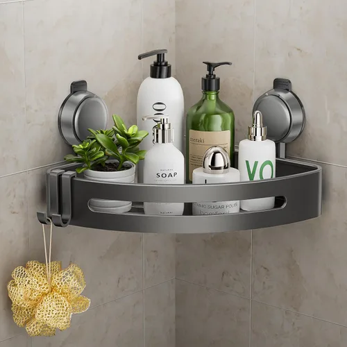 Vista 10 de Organizador de ducha esquinero, con ventosa y ganchos, organizador de baño de aluminio inoxidable sin perforaciones, estantes para decoración