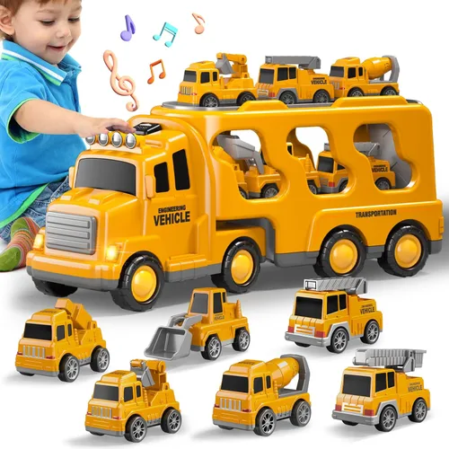 Vista 14 de Beby Buty Camiones de Construcción 5 en 1 para Niños de 3-5 años, Juguetes de Coches y Camiones para Niños Pequeños con Luz y Sonido, Incluye Grúa