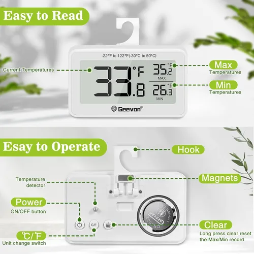 Vista 5 de Geevon Refrigerator Thermometer Digital Fridge Thermometer IP65 Waterproof with Large LCD Display,Max/Min Record Function,Magnetic Back,for