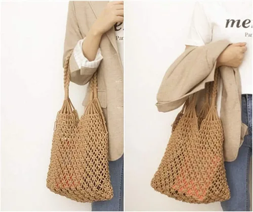 Vista 4 de Bolsa de hombro tejida de algodón para mujer, bolsa de hombro tejida para playa y playa