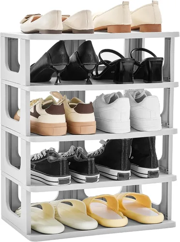 Vista 7 de TRZZ - Estante pequeño para zapatos de 4 niveles, organizador vertical estrecho apilable con partición removible, almacenamiento eficiente de Negro