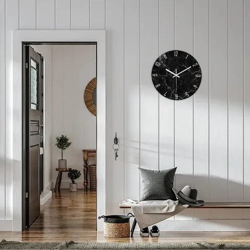 Vista 2 de Relojes de pared minimalistas negros para sala de estar, relojes de pared con patrón de mármol de vidrio, funciona con pilas, reloj de pared
