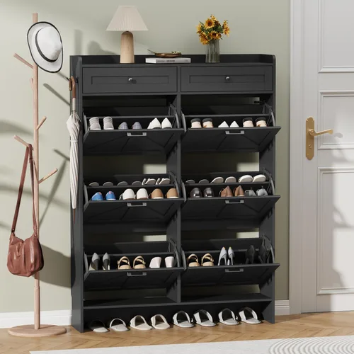 Vista 25 de Thacuok Gabinete de zapatos negro con 2 cajones abatibles y 2 cajones de almacenamiento, armario organizador de zapatos estrecho rústico de granja