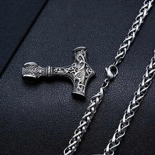 Vista 4 de BAVIPOWER Mjolnir Thors Hammer Collar Collar vikingo de acero inoxidable auténtica joyería nórdica para hombres y mujeres Metal