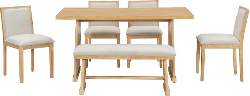 Vista 184 de Juego de mesa de comedor vintage de 6 piezas, juego de mesa de comedor de cocina de madera maciza con 4 sillas ergonómicas acolchadas y banco, mesa