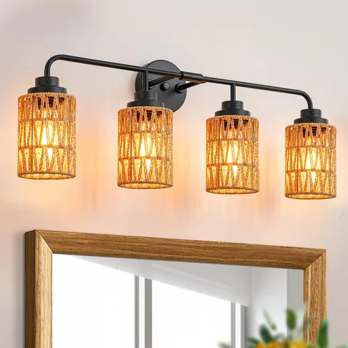 Vista 11 de Lámparas de baño bohemias, luces rústicas de tocador de 2 luces sobre el espejo, iluminación de ratán de granja con persianas tejidas a mano